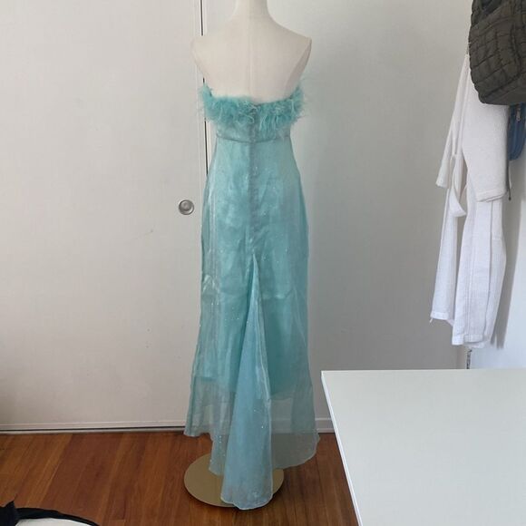 Vintage Turquoise Blue Formal Maxi Dress with Sparkles,Train, and Feathers - Picture 7 of 13